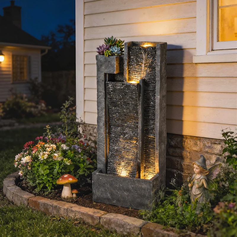 Outsunny Fuente de Agua Decorativa con Iluminación LED y Maceta, Fuente de Jardín Exteror en Cascada de 3 Niveles, con Bomba, Resistente a la intemperie, para Jardín, Patio, 38x19x101 cm, Gris Oscuro