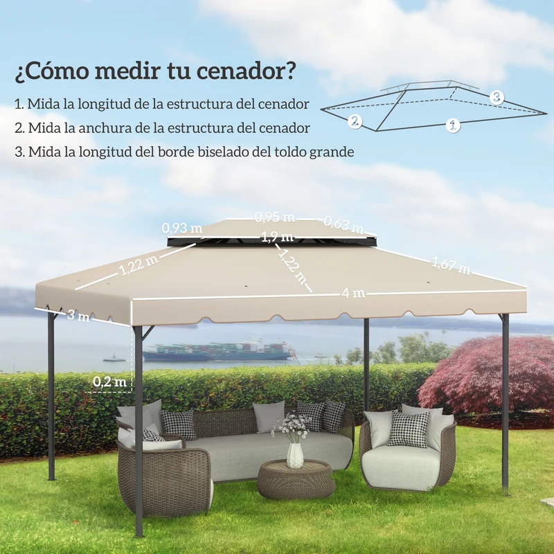 Outsunny Techo de Repuesto para Cenador, 4x3 m, Cubierta de Repuesto con Doble Techo, 8 Orificios de Drenaje, SOLO Toldo de Recambio para Pabellón Gazebo, Beige