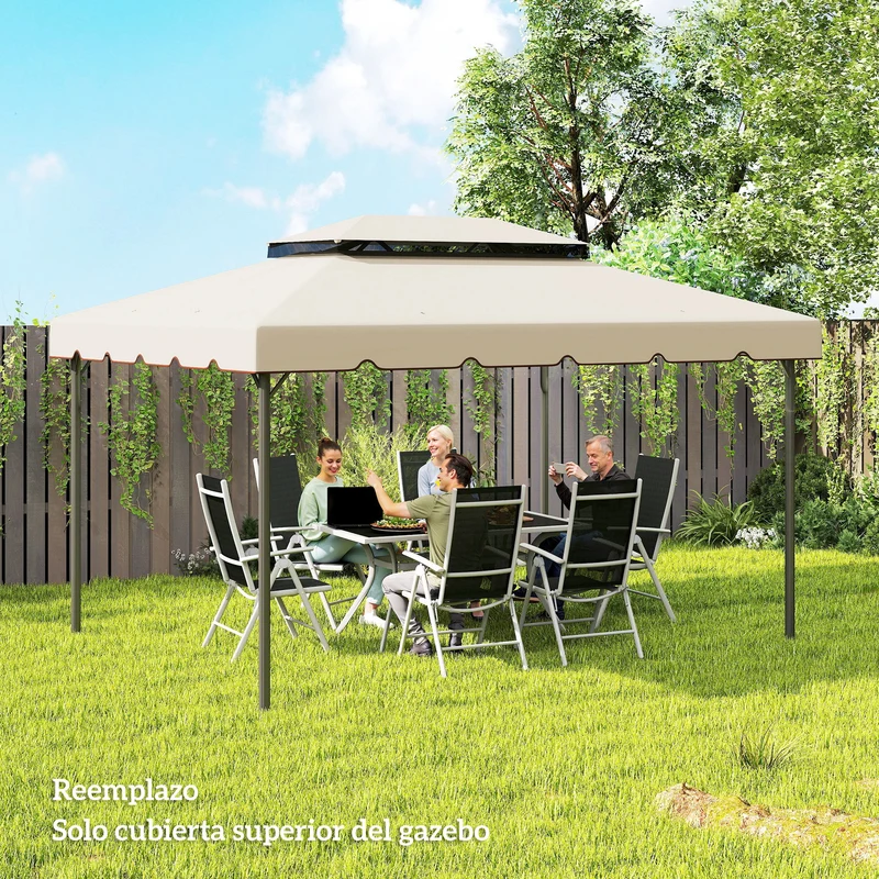 Outsunny Techo de Repuesto para Cenador, 4x3 m, Cubierta de Repuesto con Doble Techo, 8 Orificios de Drenaje, SOLO Toldo de Recambio para Pabellón Gazebo, Beige