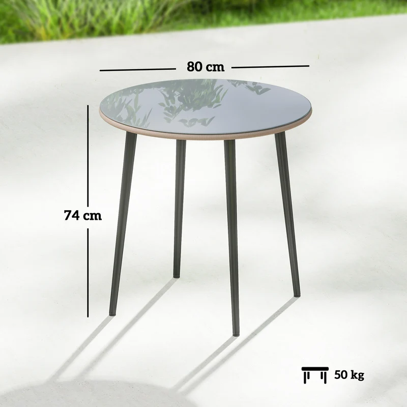 Outsunny Mesa de Comedor de Jardín Redonda, Mesa de Terraza Exterior 80x80x74 cm, con Tablero de Vidrio Templado con Borde de Ratán, Estructura de Acero, Carga 50 kg, para Patio, Balcón, Gris