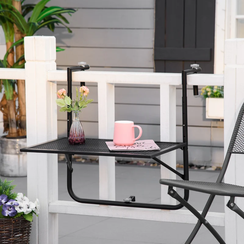 Outsunny Mesa Colgante de Balcón, Mesa Plegable para Balcón de Metal para Barandilla, con Altura Ajustable en 4 Niveles, Carga 10 kg, para Terraza, Jardín, Exterior, 60x60x57-72 cm, Negro