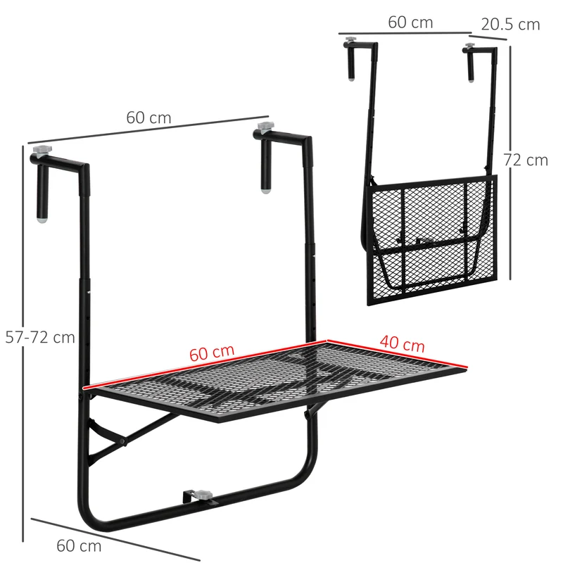 Outsunny Mesa Colgante de Balcón, Mesa Plegable para Balcón de Metal para Barandilla, con Altura Ajustable en 4 Niveles, Carga 10 kg, para Terraza, Jardín, Exterior, 60x60x57-72 cm, Negro