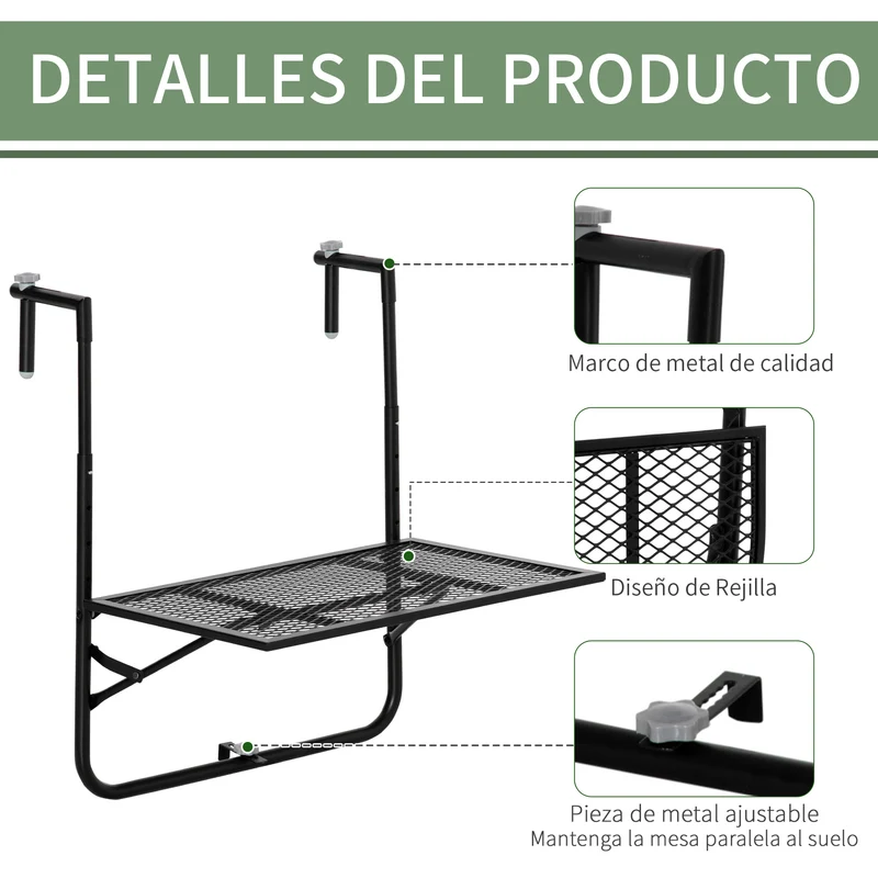 Outsunny Mesa Colgante de Balcón, Mesa Plegable para Balcón de Metal para Barandilla, con Altura Ajustable en 4 Niveles, Carga 10 kg, para Terraza, Jardín, Exterior, 60x60x57-72 cm, Negro