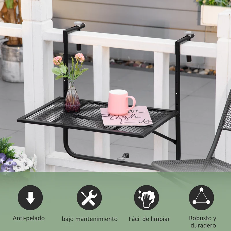 Outsunny Mesa Colgante de Balcón, Mesa Plegable para Balcón de Metal para Barandilla, con Altura Ajustable en 4 Niveles, Carga 10 kg, para Terraza, Jardín, Exterior, 60x60x57-72 cm, Negro