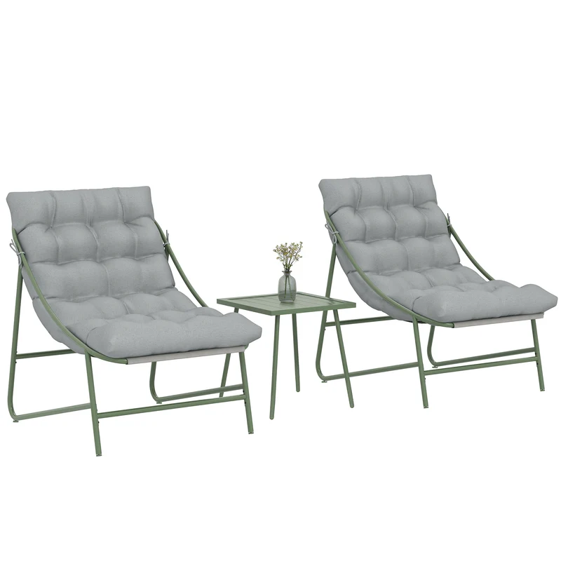 Outsunny Conjunto de Mesa y Sillas de Terraza Exterior de 3 Piezas, Muebles de Jardín Exterior con Cojines, 2 Sillas Lounge, Mesa de Café y Estructura de Acero, para Patio, Gris Claro