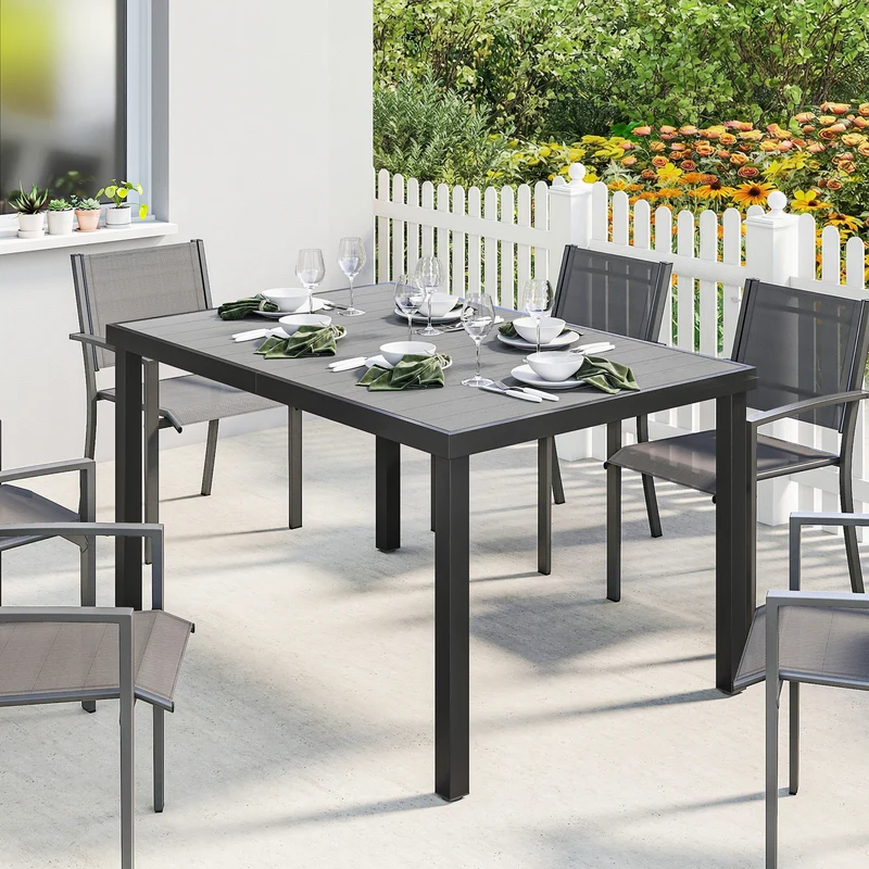 Outsunny Mesa de Comedor de Jardín Rectangular, Mesa de Terraza Exterior 140x90x74 cm, con Estructura de Acero y Encimera Desmontable de WPC de Listones, Carga 50 kg, para Patio, Balcón, Gris