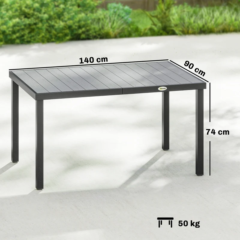 Outsunny Mesa de Comedor de Jardín Rectangular, Mesa de Terraza Exterior 140x90x74 cm, con Estructura de Acero y Encimera Desmontable de WPC de Listones, Carga 50 kg, para Patio, Balcón, Gris
