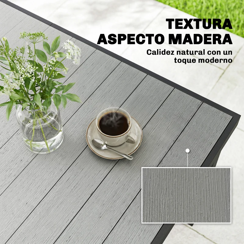 Outsunny Mesa de Comedor de Jardín Rectangular, Mesa de Terraza Exterior 140x90x74 cm, con Estructura de Acero y Encimera Desmontable de WPC de Listones, Carga 50 kg, para Patio, Balcón, Gris