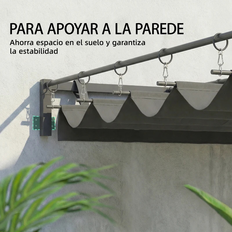Outsunny Pérgola de Pared de Jardín 3x3 m, Cenador de Jardín con Techo Retráctil, Protección UPF30+, Orificios de Drenaje y Estructura de Acero, Pabellón para Patio, Terraza, Exterior, Gris Oscuro