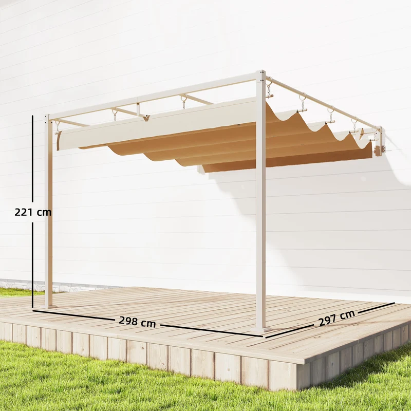 Outsunny Pérgola de Pared de Jardín 3x3 m, Cenador de Jardín con Techo Retráctil, Protección UPF30+, Orificios de Drenaje y Estructura de Acero, Pabellón para Patio, Terraza, Exterior, Beige