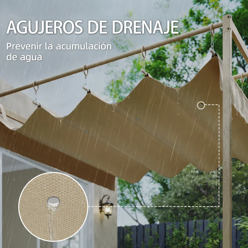 Outsunny Pérgola de Pared de Jardín 3x3 m, Cenador de Jardín con Techo Retráctil, Protección UPF30+, Orificios de Drenaje y Estructura de Acero, Pabellón para Patio, Terraza, Exterior, Beige