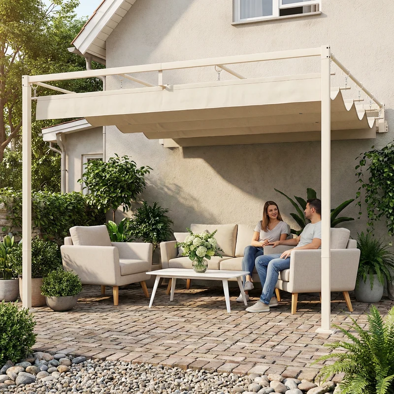 Outsunny Pérgola de Pared de Jardín 3x3 m, Cenador de Jardín con Techo Retráctil, Protección UPF30+, Orificios de Drenaje y Estructura de Acero, Pabellón para Patio, Terraza, Exterior, Beige