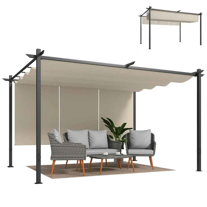 Outsunny Pérgola de Jardín 4x3 m con Techo Retráctil y 3 Laterales Enrollables, Cenador de Jardín Montado en Pared o Independiente, con UPF30+, Estructura Metálica, Pabellón para Exterior, Beige