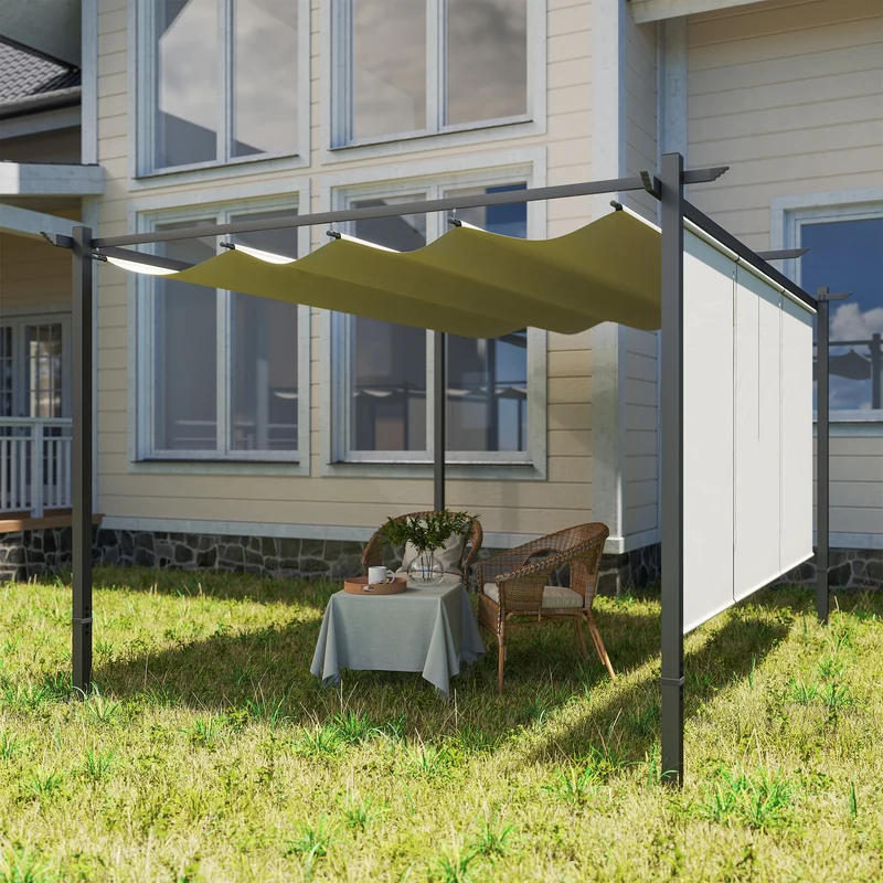 Outsunny Pérgola de Jardín 4x3 m con Techo Retráctil y 3 Laterales Enrollables, Cenador de Jardín Montado en Pared o Independiente, con UPF30+, Estructura Metálica, Pabellón para Exterior, Beige