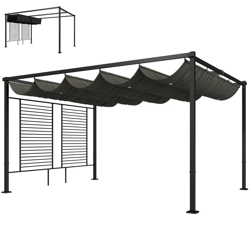 Outsunny Pérgola de Jardín 4x3 m con Techo Retráctil y 2 Paneles de Privacidad Fijos, Cenador de Jardín con Protección UPF50+, Drenaje, Estructura Metálica, Pabellón para Exterior, Gris Oscuro