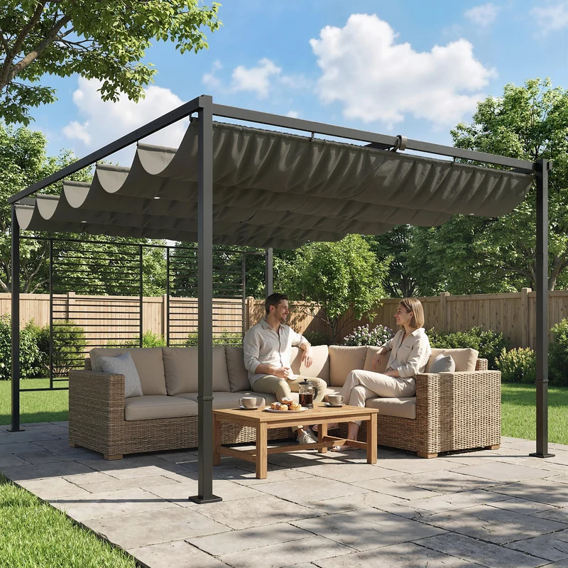 Outsunny Pérgola de Jardín 4x3 m con Techo Retráctil y 2 Paneles de Privacidad Fijos, Cenador de Jardín con Protección UPF50+, Drenaje, Estructura Metálica, Pabellón para Exterior, Gris Oscuro