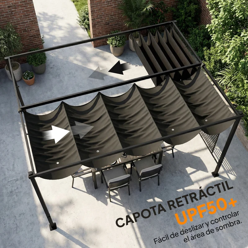 Outsunny Pérgola de Jardín 4x3 m con Techo Retráctil y 2 Paneles de Privacidad Fijos, Cenador de Jardín con Protección UPF50+, Drenaje, Estructura Metálica, Pabellón para Exterior, Gris Oscuro