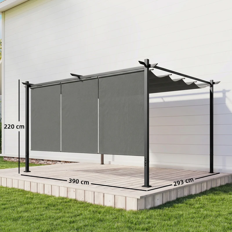 Outsunny Pérgola de Jardín 4x3 m con Techo Retráctil y 3 Laterales Enrollables, Cenador de Jardín Montado en Pared o Independiente, con UPF30+, Estructura Metálica, Pabellón para Exterior, Gris