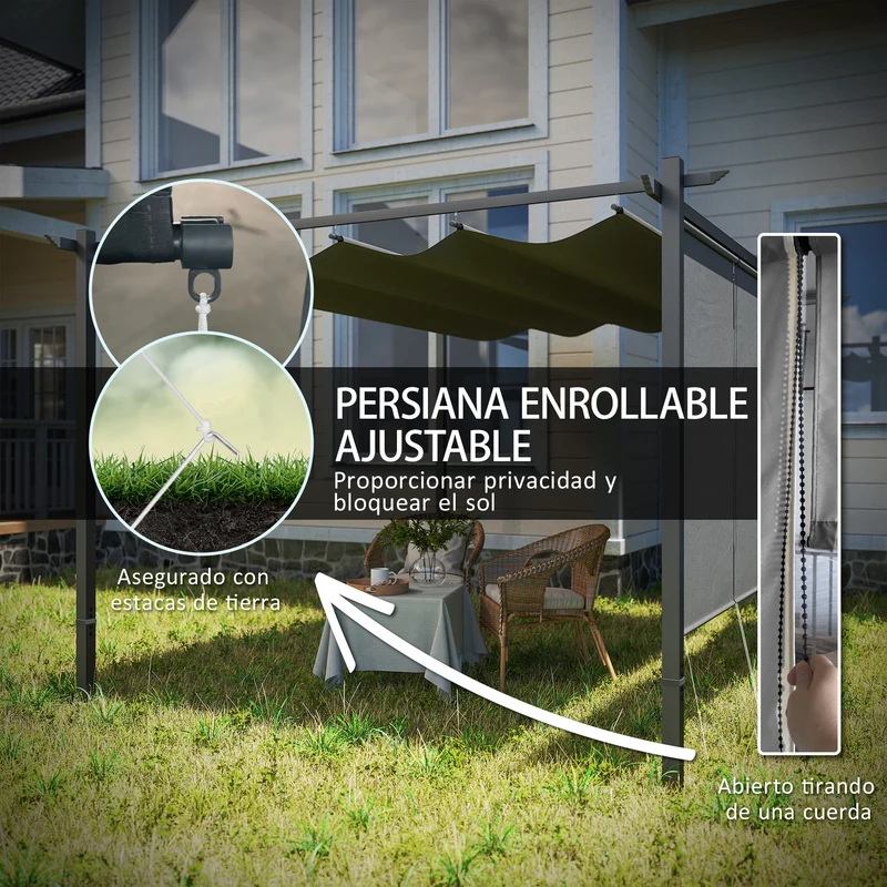 Outsunny Pérgola de Jardín 4x3 m con Techo Retráctil y 3 Laterales Enrollables, Cenador de Jardín Montado en Pared o Independiente, con UPF30+, Estructura Metálica, Pabellón para Exterior, Gris