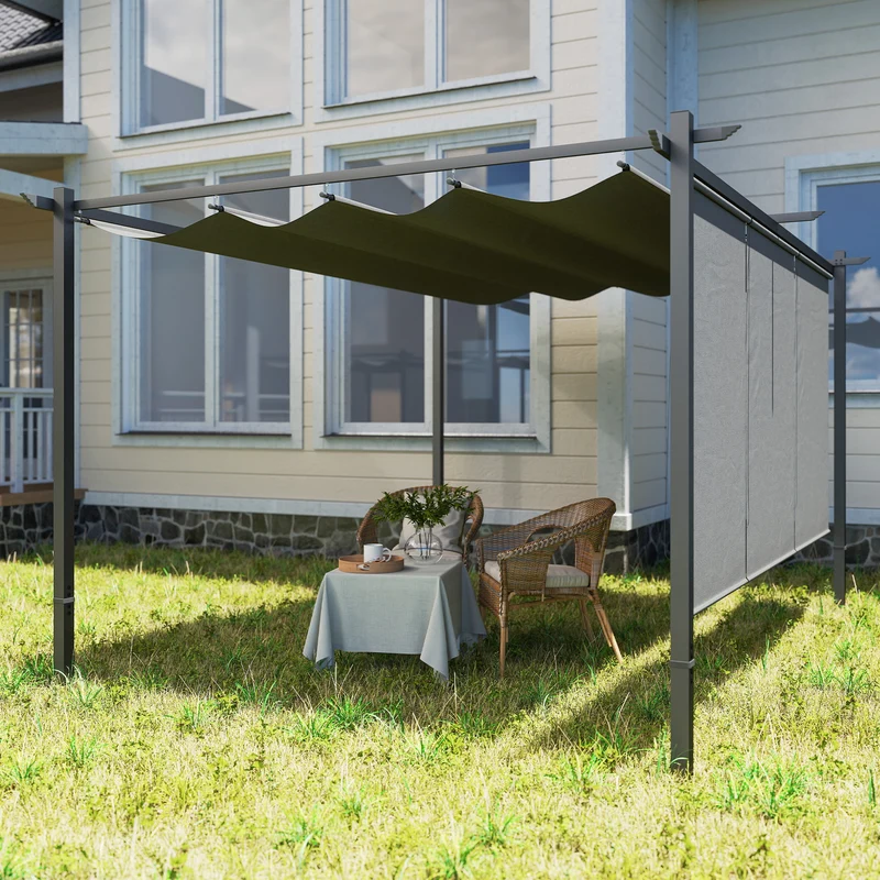 Outsunny Pérgola de Jardín 4x3 m con Techo Retráctil y 3 Laterales Enrollables, Cenador de Jardín Montado en Pared o Independiente, con UPF30+, Estructura Metálica, Pabellón para Exterior, Gris