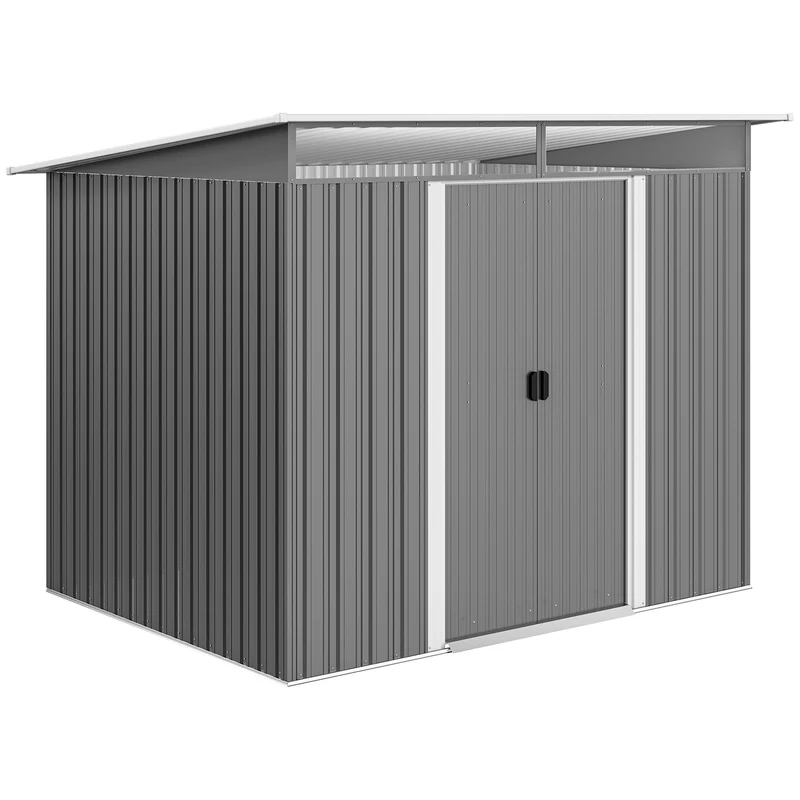 Outsunny Cobertizo de Jardín Exterior 4,5 m² 260x194x200 cm Caseta de Jardín Exterior Metálica con Paneles Frontales Transparentes y 2 Puertas Corredizas para Almacenamiento de Herramientas Gris