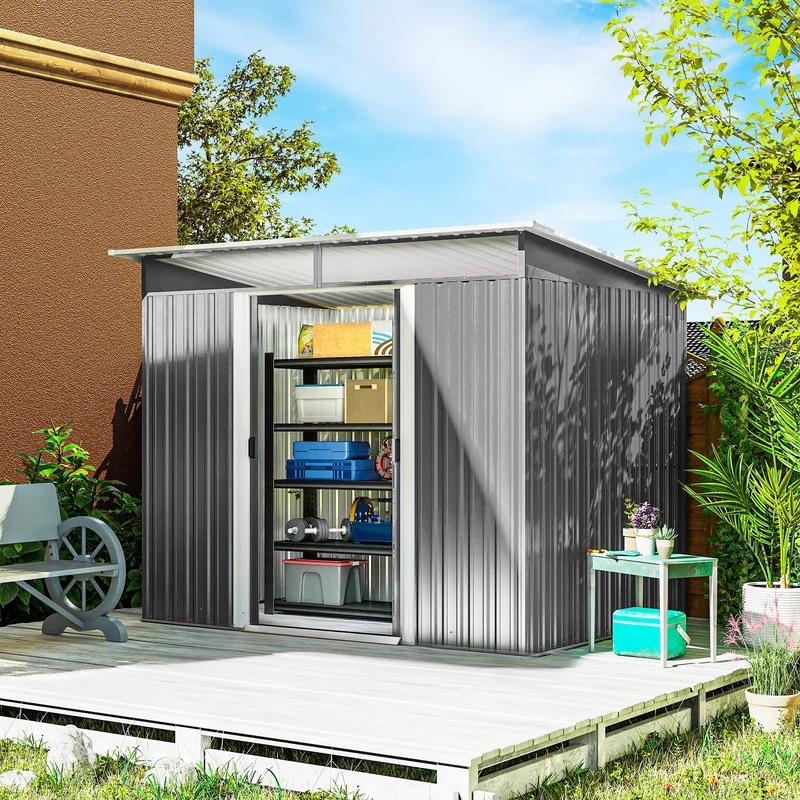 Outsunny Cobertizo de Jardín Exterior 4,5 m² 260x194x200 cm Caseta de Jardín Exterior Metálica con Paneles Frontales Transparentes y 2 Puertas Corredizas para Almacenamiento de Herramientas Gris