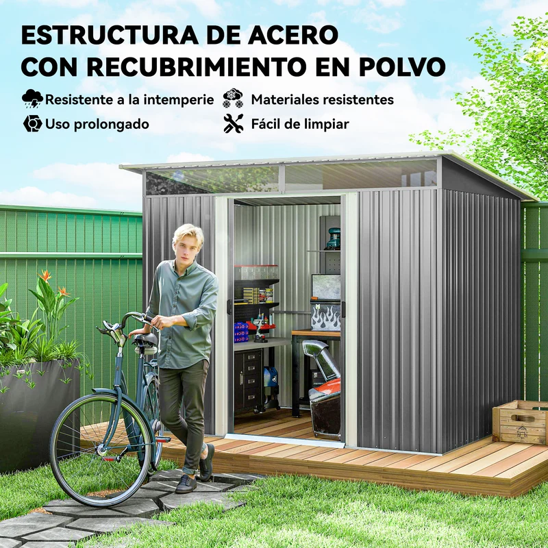 Outsunny Cobertizo de Jardín Exterior 4,5 m² 260x194x200 cm Caseta de Jardín Exterior Metálica con Paneles Frontales Transparentes y 2 Puertas Corredizas para Almacenamiento de Herramientas Gris