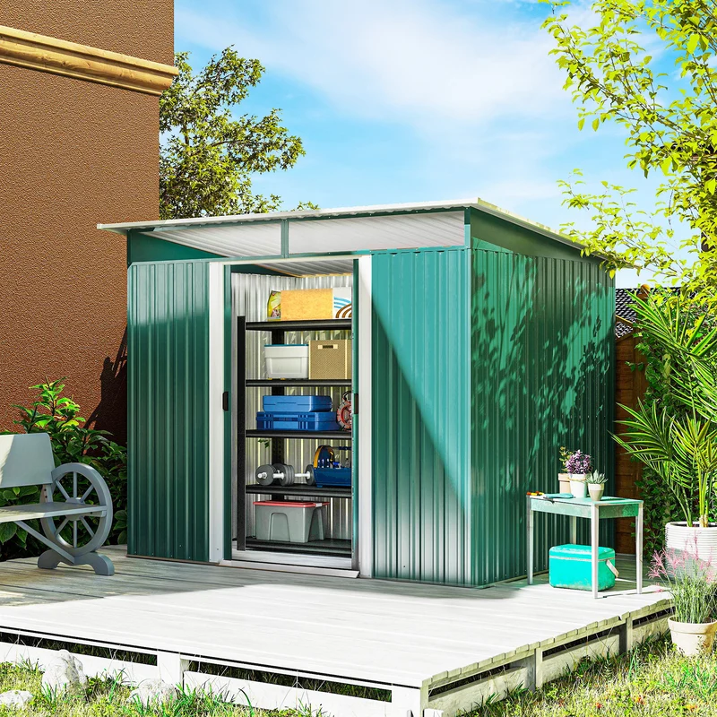 Outsunny Cobertizo de Jardín Exterior 4,5 m² 260x194x200 cm Caseta de Jardín Exterior Metálica con Paneles Frontales Transparentes y 2 Puertas Corredizas para Almacenamiento de Herramientas Verde