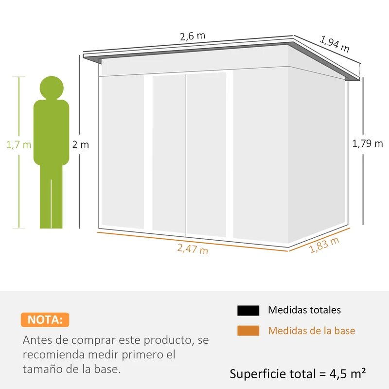 Outsunny Cobertizo de Jardín Exterior 4,5 m² 260x194x200 cm Caseta de Jardín Exterior Metálica con Paneles Frontales Transparentes y 2 Puertas Corredizas para Almacenamiento de Herramientas Verde