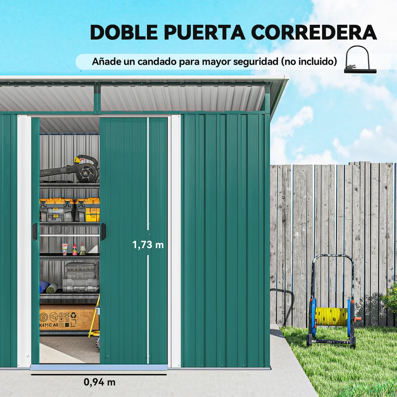 Outsunny Cobertizo de Jardín Exterior 4,5 m² 260x194x200 cm Caseta de Jardín Exterior Metálica con Paneles Frontales Transparentes y 2 Puertas Corredizas para Almacenamiento de Herramientas Verde