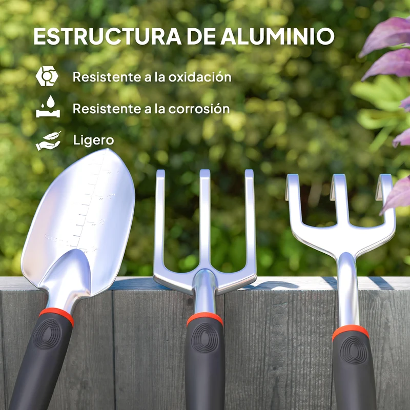 Outsunny Juego de Herramientas para Jardín de 9 Piezas Robusta Juego de Herramientas Jardinería de Aluminio con Tijeras de Podar con Bloqueo Seguro y Bolsa de Jardín Ligera para Mujeres y Hombres