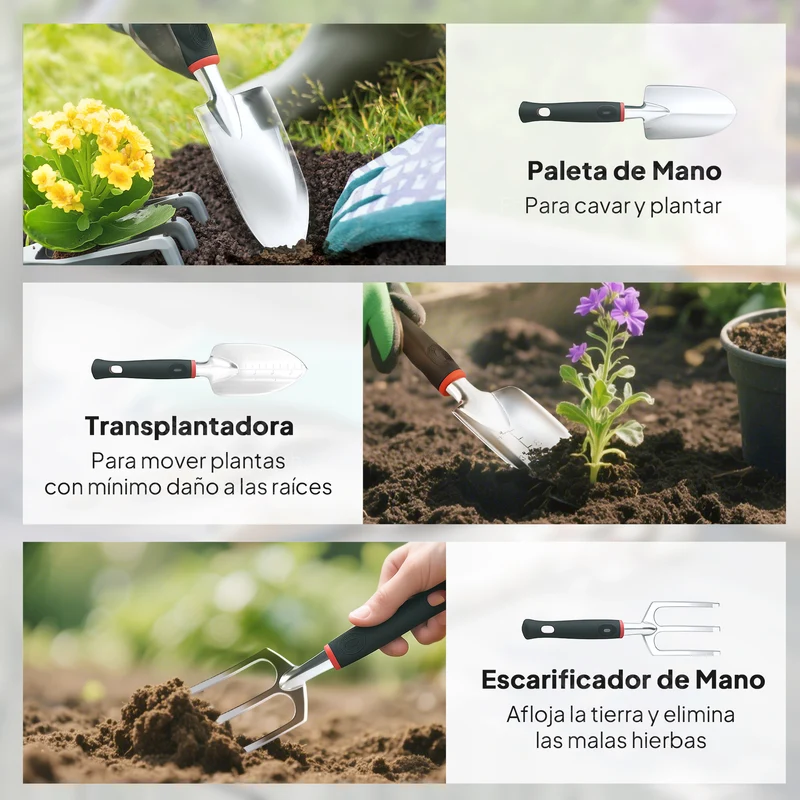 Outsunny Juego de Herramientas para Jardín de 9 Piezas Robusta Juego de Herramientas Jardinería de Aluminio con Tijeras de Podar con Bloqueo Seguro y Bolsa de Jardín Ligera para Mujeres y Hombres
