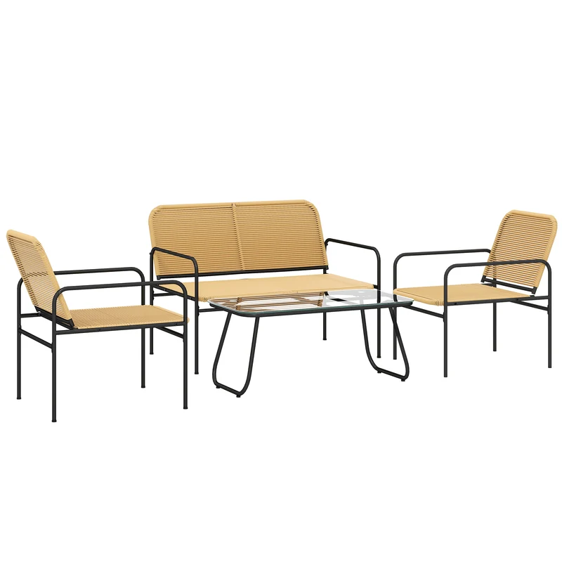 Conjunto jardín ratán 4 piezas – 2 sillones, sofá 2 plazas y mesa vidrio templado, resistente intemperie, natural | Outsunny