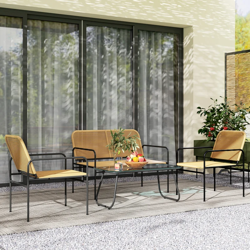 Conjunto jardín ratán 4 piezas – 2 sillones, sofá 2 plazas y mesa vidrio templado, resistente intemperie, natural | Outsunny