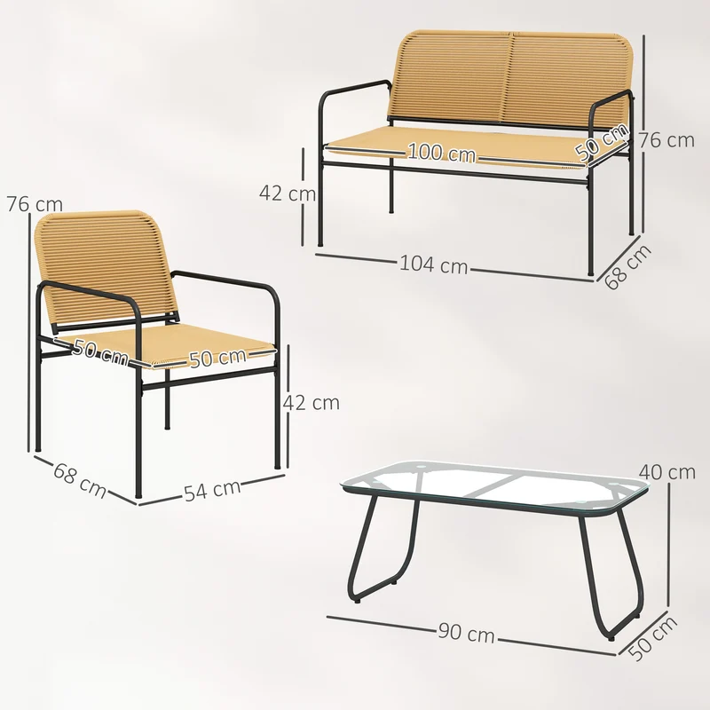 Conjunto jardín ratán 4 piezas – 2 sillones, sofá 2 plazas y mesa vidrio templado, resistente intemperie, natural | Outsunny