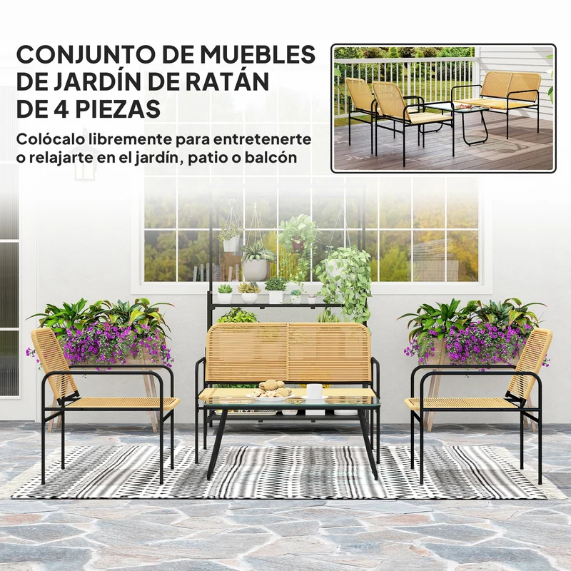 Conjunto jardín ratán 4 piezas – 2 sillones, sofá 2 plazas y mesa vidrio templado, resistente intemperie, natural | Outsunny
