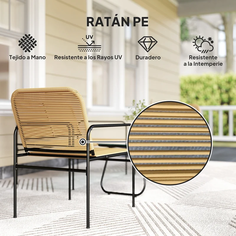 Conjunto jardín ratán 4 piezas – 2 sillones, sofá 2 plazas y mesa vidrio templado, resistente intemperie, natural | Outsunny