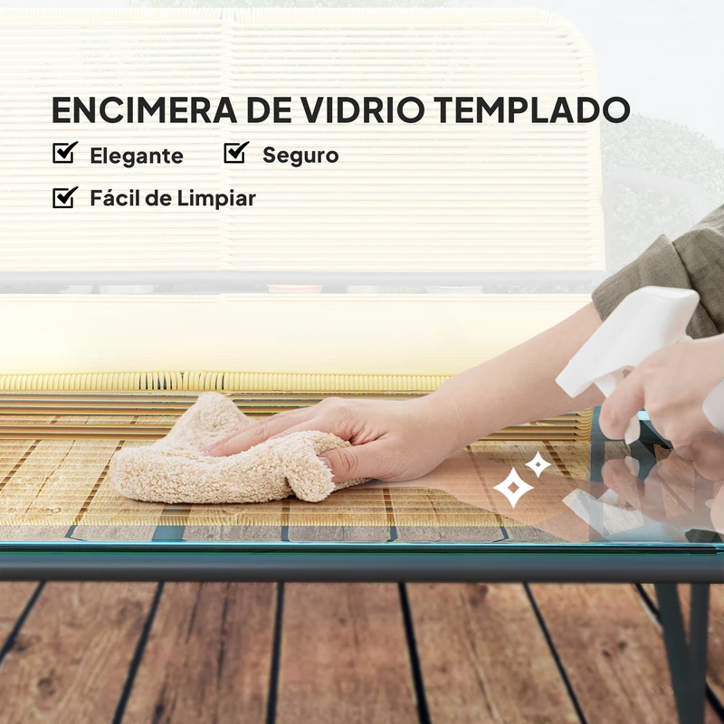 Conjunto jardín ratán 4 piezas – 2 sillones, sofá 2 plazas y mesa vidrio templado, resistente intemperie, natural | Outsunny