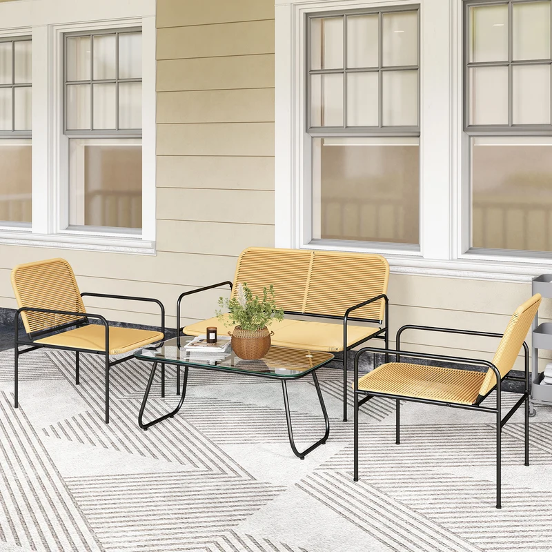 Conjunto jardín ratán 4 piezas – 2 sillones, sofá 2 plazas y mesa vidrio templado, resistente intemperie, natural | Outsunny