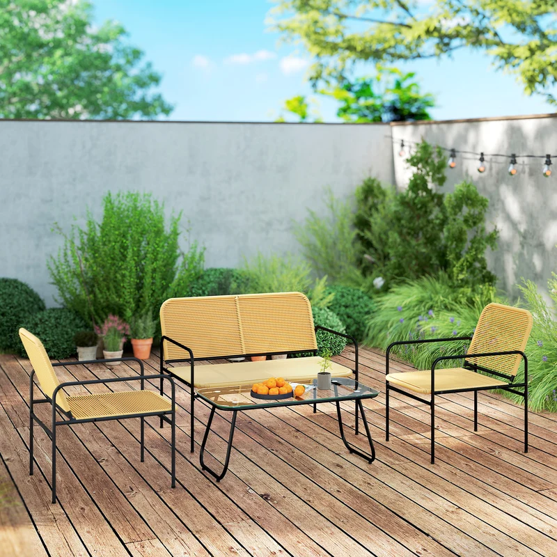 Conjunto jardín ratán 4 piezas – 2 sillones, sofá 2 plazas y mesa vidrio templado, resistente intemperie, natural | Outsunny