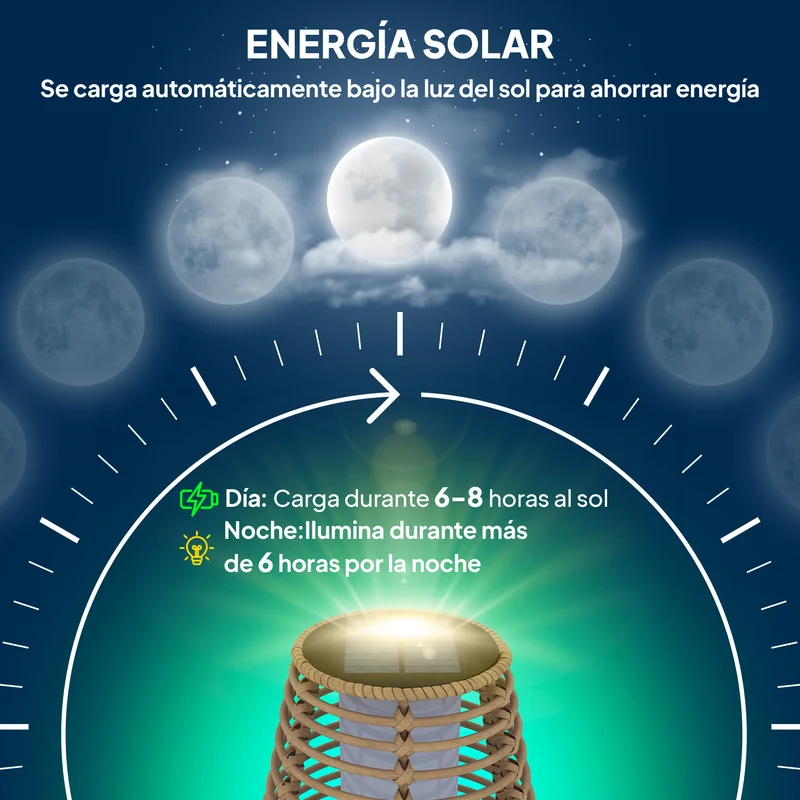 Outsunny Linterna de Jardín de Ratán Sintético Farola Solar Exterior con Luces LED Encendido y Apagado Automático Impermeable para Terraza Balcón Patio Ø26x72 cm Natural