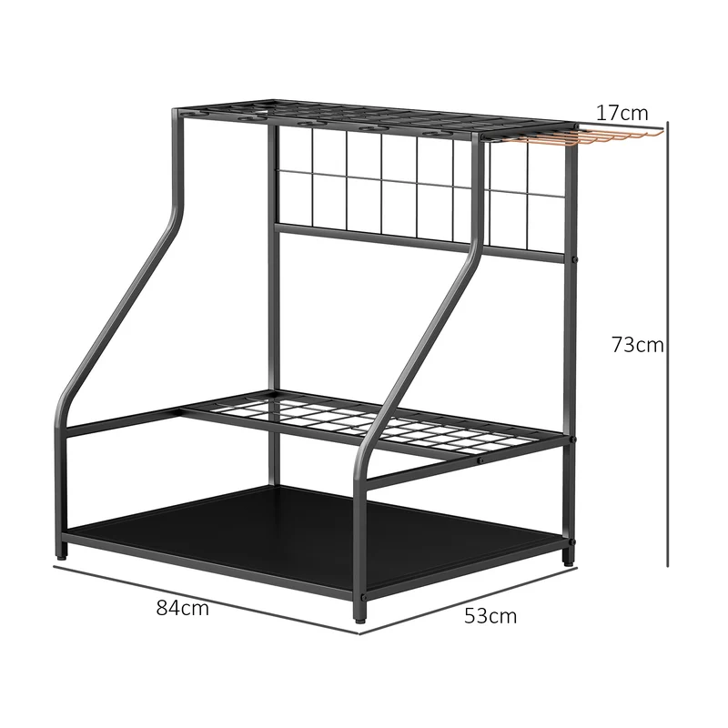 Outsunny Organizador de Herramientas de Jardín, Estantería de Almacenamiento de 3 Niveles para Garaje con Ganchos, para Palas, Rastrillos, Escobas, Soporte de Metal