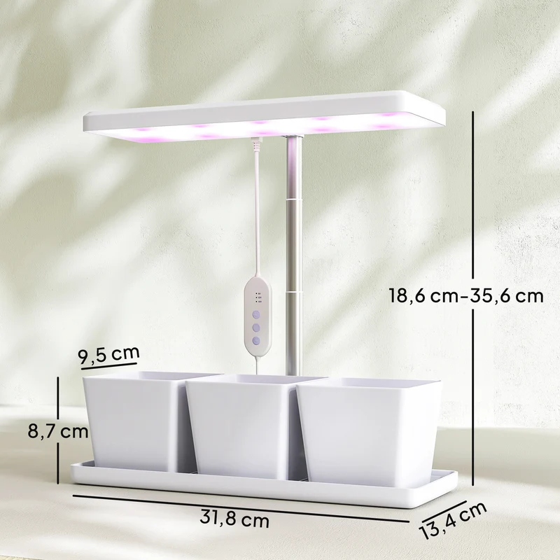 Outsunny Lámpara de Planta Interior, 30 LED, Luz de Crecimiento de Espectro Completo, Ajustable en Altura con Temporizador Automático 8/12/16/24H, 5 de Brillo y 3 Cajas para Invernadero, Jardín