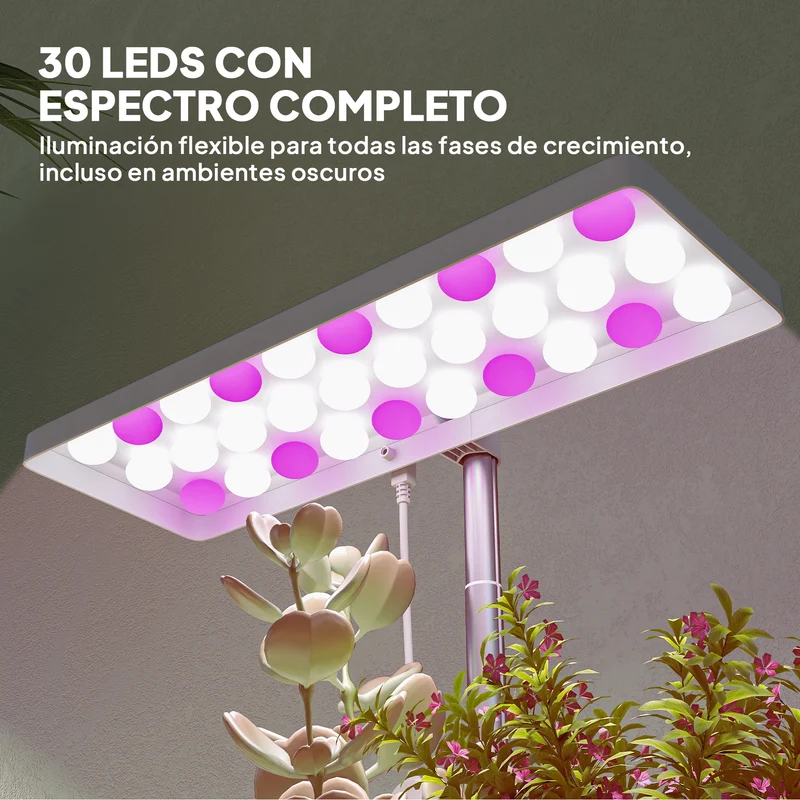 Outsunny Lámpara de Planta Interior, 30 LED, Luz de Crecimiento de Espectro Completo, Ajustable en Altura con Temporizador Automático 8/12/16/24H, 5 de Brillo y 3 Cajas para Invernadero, Jardín
