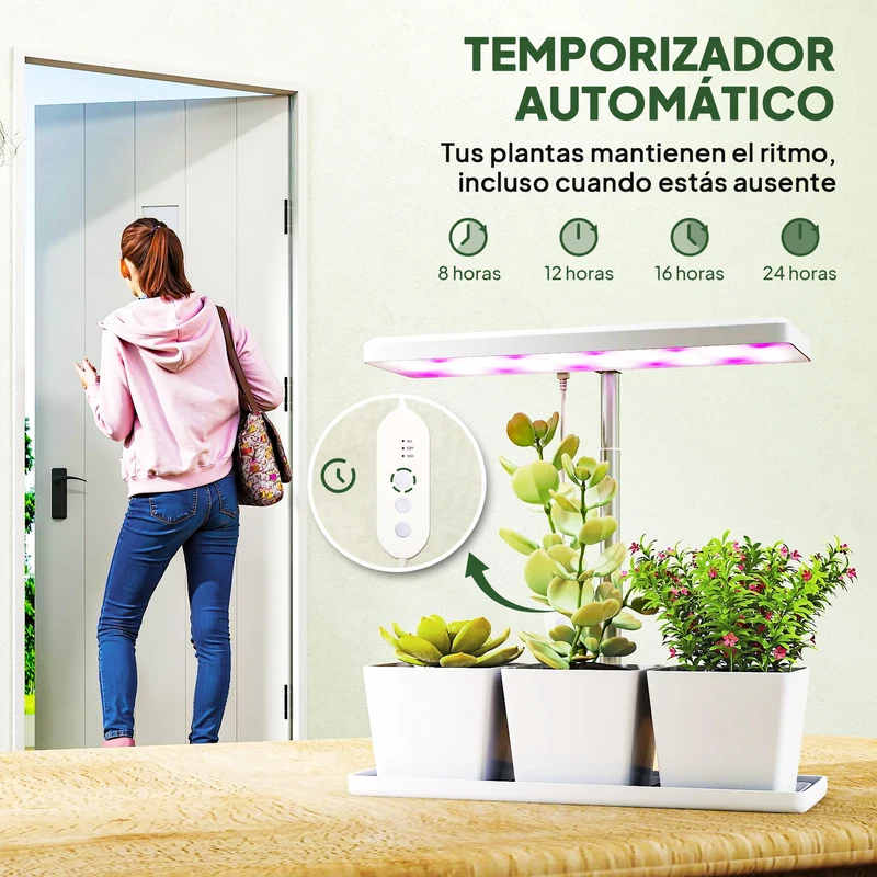 Outsunny Lámpara de Planta Interior, 30 LED, Luz de Crecimiento de Espectro Completo, Ajustable en Altura con Temporizador Automático 8/12/16/24H, 5 de Brillo y 3 Cajas para Invernadero, Jardín