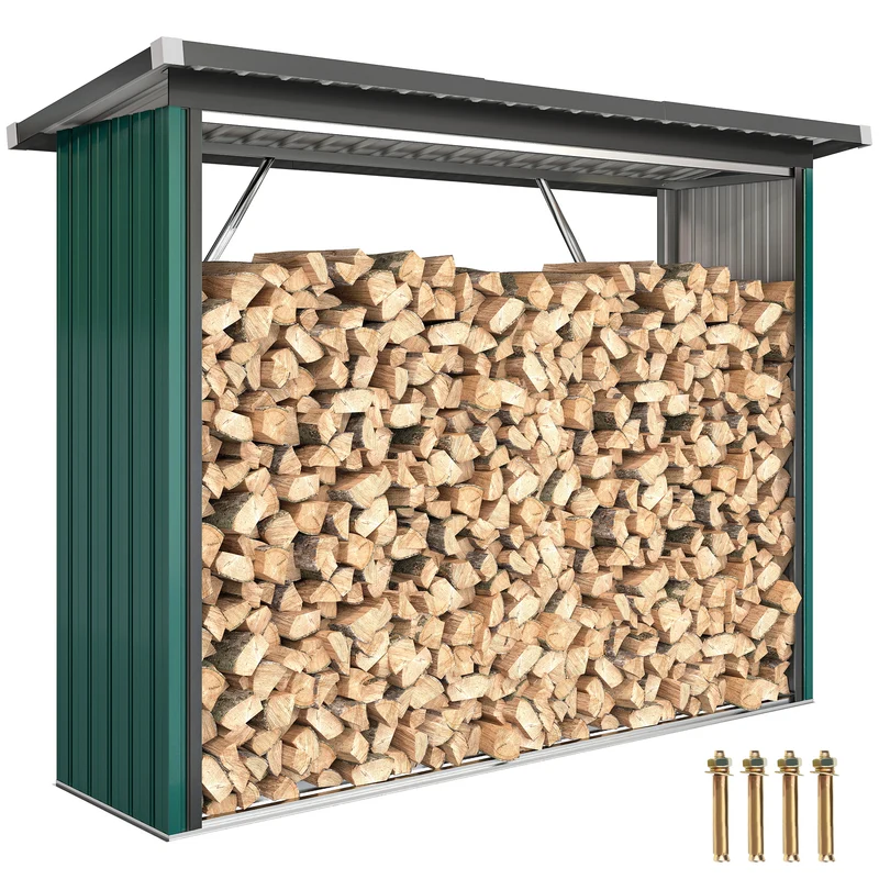 Outsunny Casetilla para Leña de Acero Galvanizado, Cobertizo Leñero Exterior de Almacenamiento de Troncos, con Base Elevada y Techo Inclinado, 213x66,5x150 cm, Verde