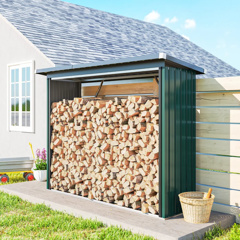 Outsunny Casetilla para Leña de Acero Galvanizado, Cobertizo Leñero Exterior de Almacenamiento de Troncos, con Base Elevada y Techo Inclinado, 213x66,5x150 cm, Verde