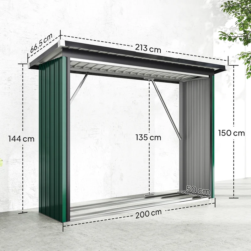 Outsunny Casetilla para Leña de Acero Galvanizado, Cobertizo Leñero Exterior de Almacenamiento de Troncos, con Base Elevada y Techo Inclinado, 213x66,5x150 cm, Verde