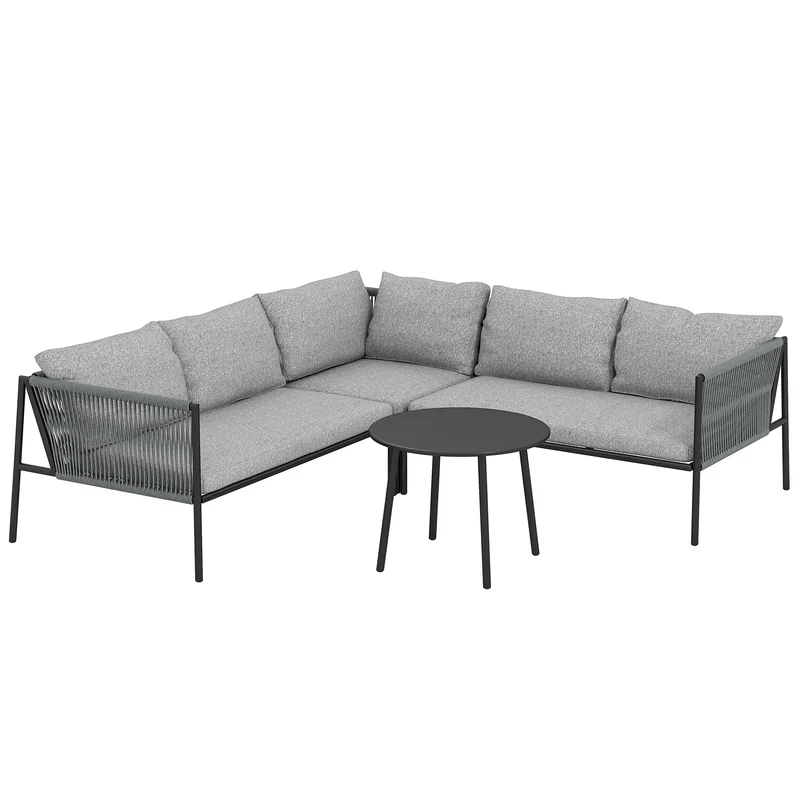 Conjunto jardín ratán 4 piezas – 2 sofás 2 plazas, sofá esquina y mesa redonda, resistente intemperie, gris oscuro | Outsunny