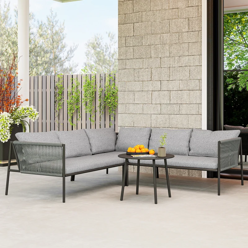 Conjunto jardín ratán 4 piezas – 2 sofás 2 plazas, sofá esquina y mesa redonda, resistente intemperie, gris oscuro | Outsunny